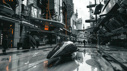 Obraz premium A sleek hovering vehicle in a futuristic cityscape with advanced architecture and neon lighting, showcasing a sci-fi atmosphere