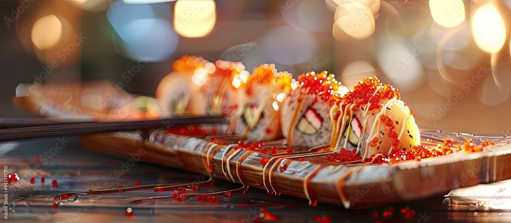 Poster sushi rolls topped with red tobiko and mayonnaise on a wooden plate with chopsticks isolated on a wh