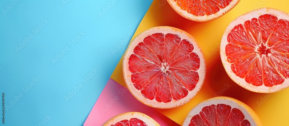 Fototapete top view of a juicy grapefruit with slices on a colorful background a creative summer concept with h
