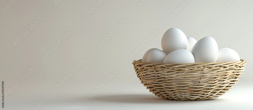 Sticker fresh chicken eggs in a bamboo wicker basket on a white background for food and nutrition ads featur