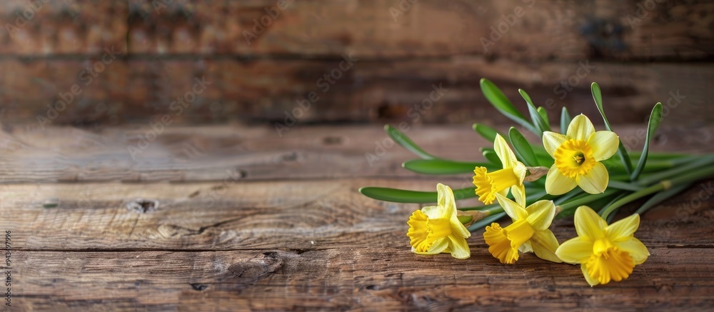 Poster floral nature photograph showcasing yellow narcissus and daffodil on a rustic wooden background idea