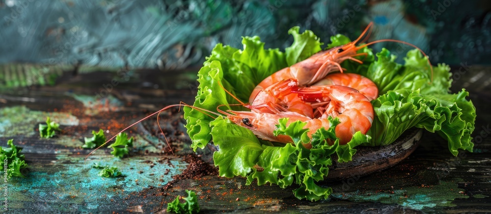 Poster fresh green leaf lettuce mix with prawns or langoustines a healthy meal or snack on a rustic table w
