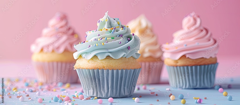 Poster cupcakes with intricate decorations on a pink backdrop perfect for a gender reveal party with copy s