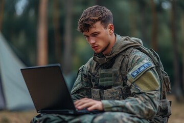 Obraz premium Dedicated Soldier Typing on Laptop at Military Installation
