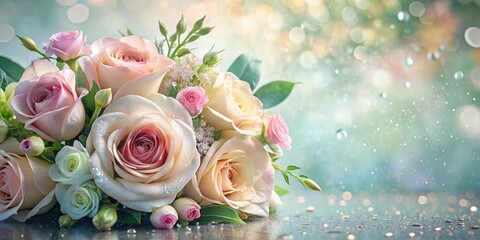 soft focus sympathy bouquet in delicate watercolor hues with dewy droplets on petals and subtle background texture evoking serene melancholy