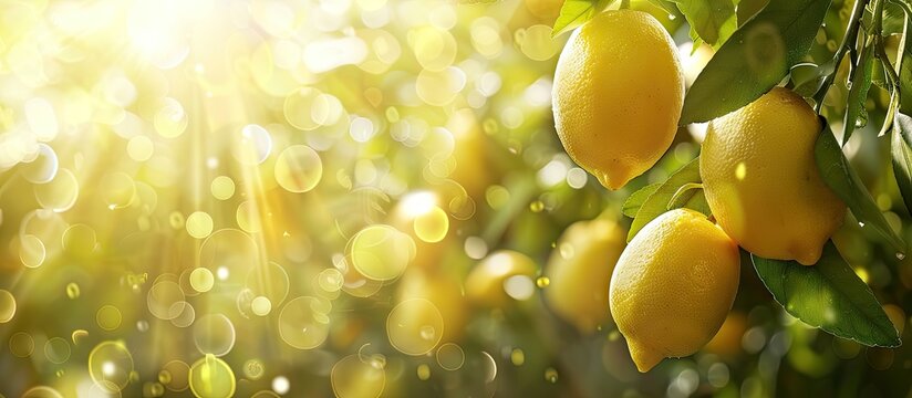 Ripe lemons on a tree branch in a sunny garden with space for image insertion. Creative banner. Copyspace image