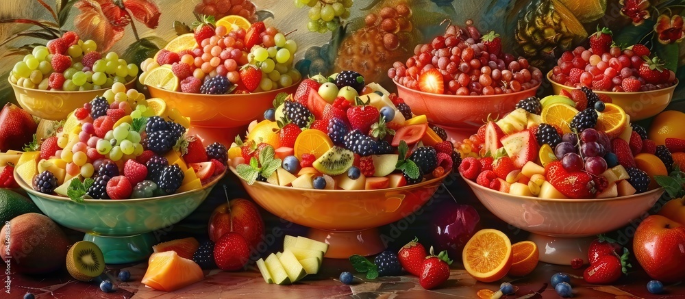 Poster A vibrant scene featuring an array of colorful fruit salads overflowing with fresh cut delights creating a captivating copy space image