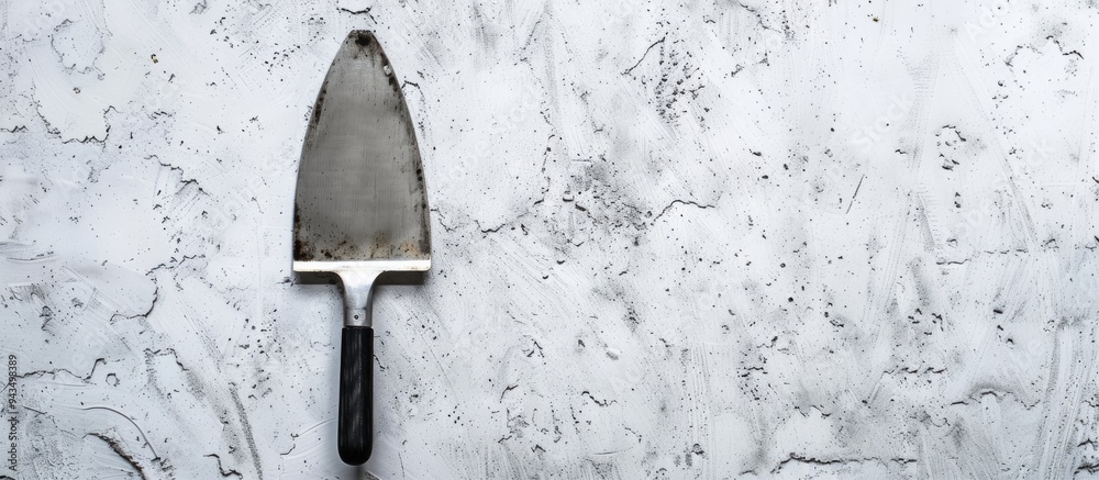 Poster steel trowel scraper on white grey background with ample copy space image