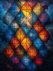 Vibrant abstract geometric pattern with stained glass effect, featuring blue, orange, and red hues