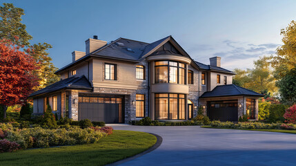 A 3D illustration of a newly built luxury home, highlighting its modern design and upscale features. --ar 16:9 --v 6.1 Job ID: 292e090f-3524-48fc-b2f6-c3fe2719f05b