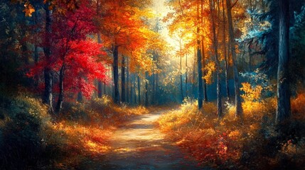 Fototapeta premium vibrant autumn forest, where the trees are ablaze with colors of red, orange, and yellow.
