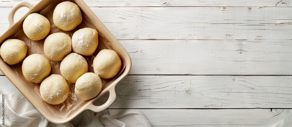 Poster top down view of scrumptious dough balls in a baking dish on a white wooden surface with ample space