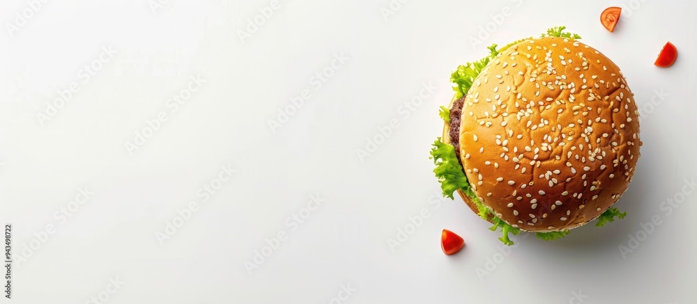 Poster Top down perspective photograph of a hamburger bun on a white backdrop with available space for additional images