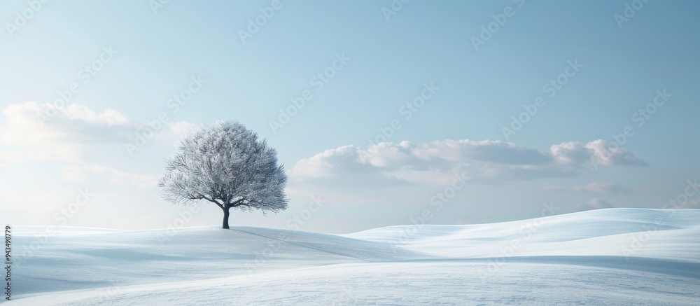 Fototapete Snow covered landscape with a lone lenga tree creating a serene scene with a vast empty horizon perfect for a copy space image