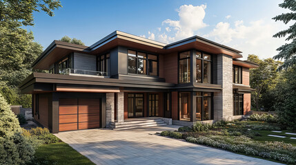 Fototapeta premium A 3D illustration of a newly built luxury home, highlighting its modern design and upscale features. --ar 16:9 --v 6.1 Job ID: 292e090f-3524-48fc-b2f6-c3fe2719f05b