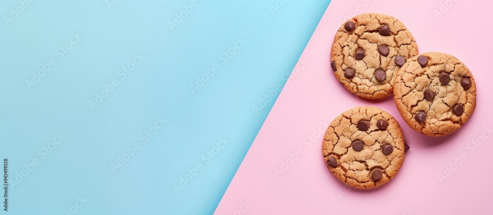 Poster Top view of cookies on a blue and pink background with copy space image