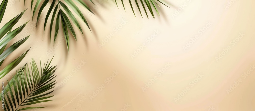 Aufkleber beige background with tropical palm leaves is shown in an empty room providing a minimal abstract ba