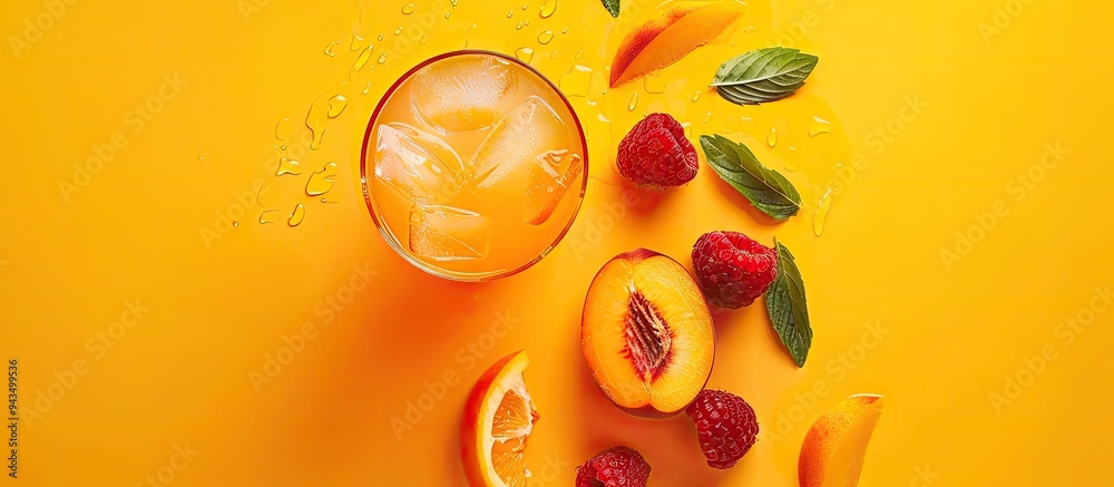 Poster top view of a glass with a cocktail or mocktail garnished with a peach half and whole fruit on a yel
