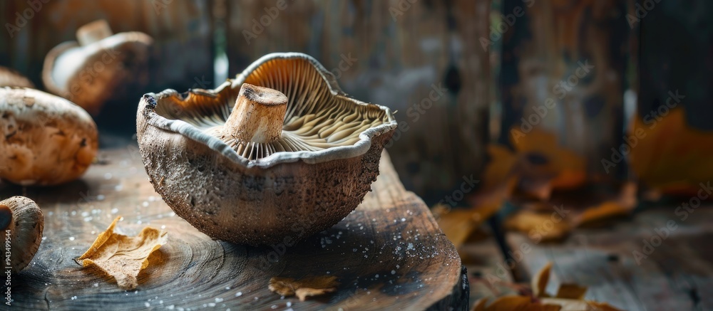 Poster shiitake dried mushroom dish displayed on a rustic tabletop with a food background ideal for keto pa