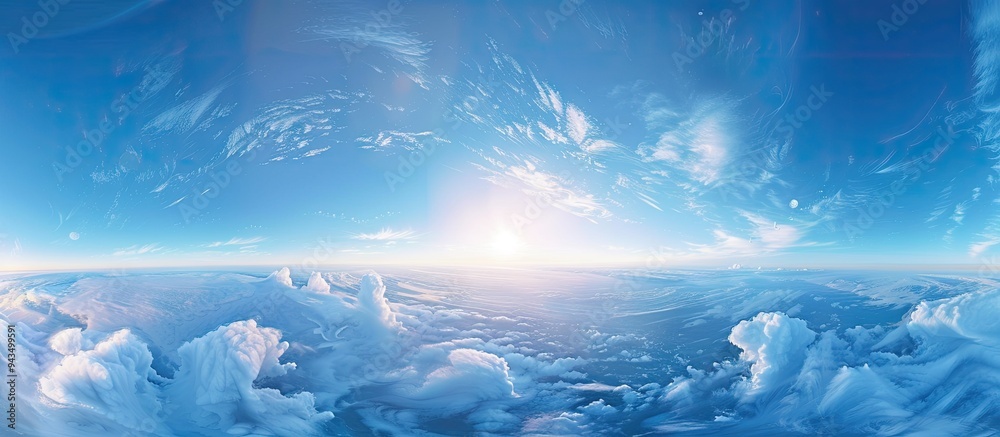 Aufkleber Panoramic view of a serene clear blue sky with glowing cirrus clouds bathed in soft sunset light ideal for graphic design with ample copy space image symbolizing hope and peace in meteorology and hea