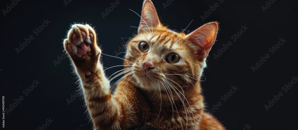 Poster Ginger cat playfully lifting paw with a curious gaze in a copy space image