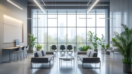 A spacious, modern office featuring large floor-to-ceiling windows, abundant natural light, and lush indoor plants, creating a bright and inviting work environment..