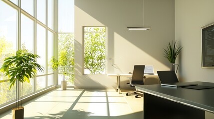 Fototapeta premium A spacious, modern office featuring large floor-to-ceiling windows, abundant natural light, and lush indoor plants, creating a bright and inviting work environment..