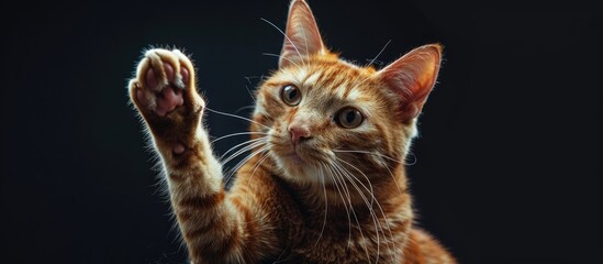 Ginger cat playfully lifting paw with a curious gaze in a copy space image