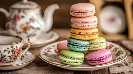 A quaint tea setting with a stack of colorful macarons on a vintage floral plate, surrounded by a teapot and teacups in an old-fashioned parlor