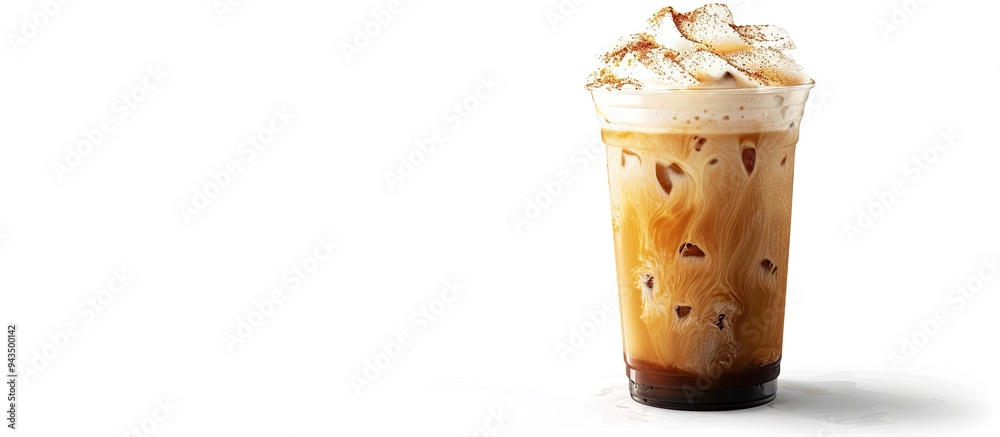 Poster latte iced coffee presented on a white backdrop highlighting the concept of isolation with copy spac