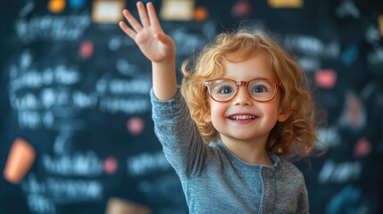 Enthusiastic Young Learner Raising Hand in Class
