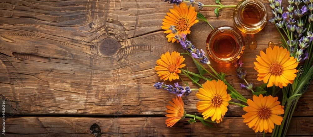 Poster Calendula and lavender flowers with honey arranged on a wooden backdrop creating a serene copy space image