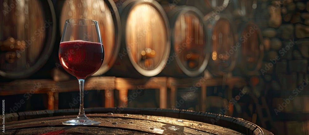 Poster Close up shot of a glass of red wine against an oak cask backdrop with reflections ideal for copy space image