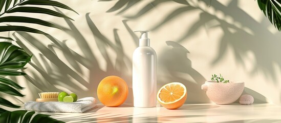 Skincare product featuring a dispenser bottle alongside a Citrus fruit in a beauty spa setting with medical skincare and cosmetic lotion displayed on a table decor background complete with summer acc
