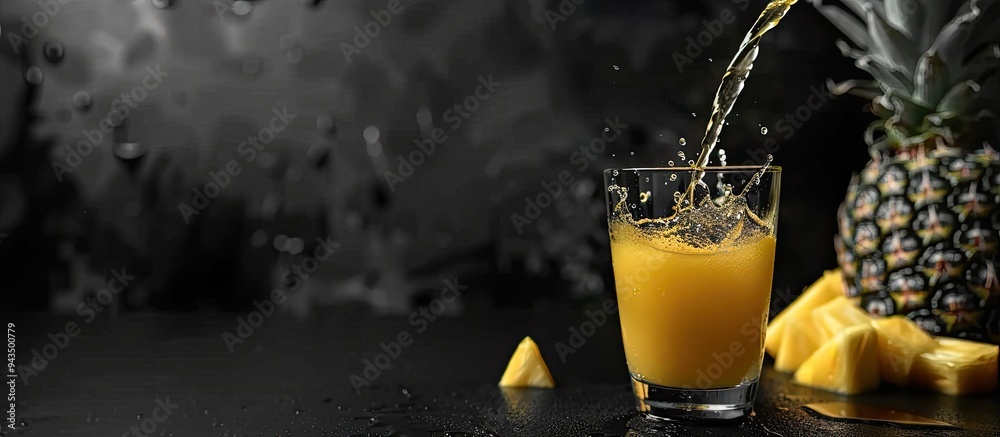 Poster pouring cold pineapple juice into a clear glass cup on a black table surface with a copy space image