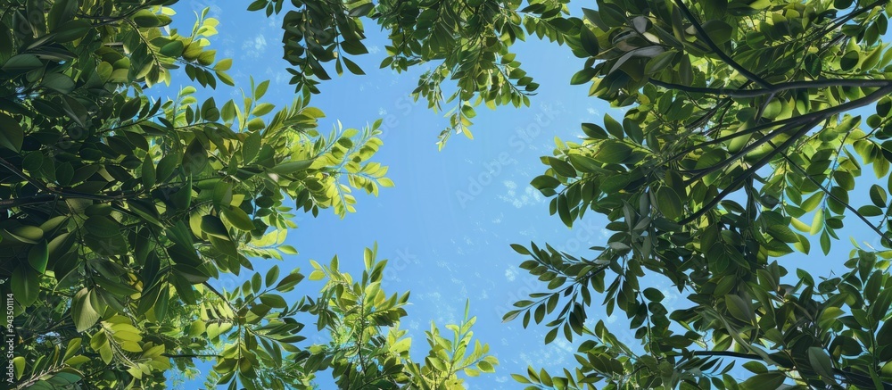 Aufkleber looking up through the treetops creates a natural copy space image as the greenery surrounds the cle
