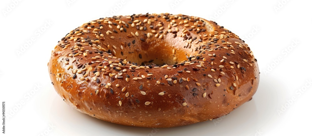 Poster A toasted bagel with seeds set against a white background displays a textured surface and a crust with a golden brown hue in the copy space image