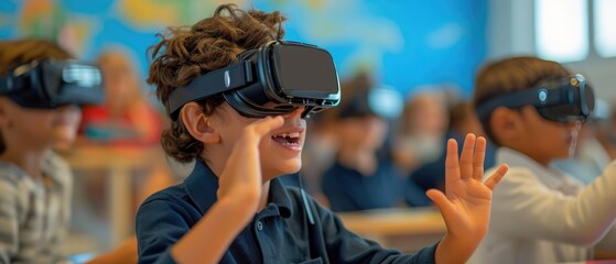 Schoolboy Using Virtual Reality Technology in School