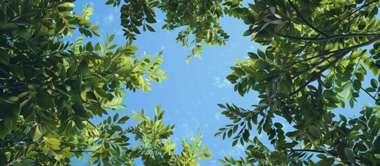 Looking up through the treetops creates a natural copy space image as the greenery surrounds the clear blue sky
