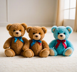 Obraz premium A group of teddy bears sitting on a white carpet.