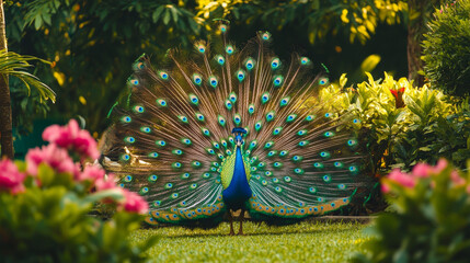 Obraz premium Beautiful peacock displaying its feathers in a garden