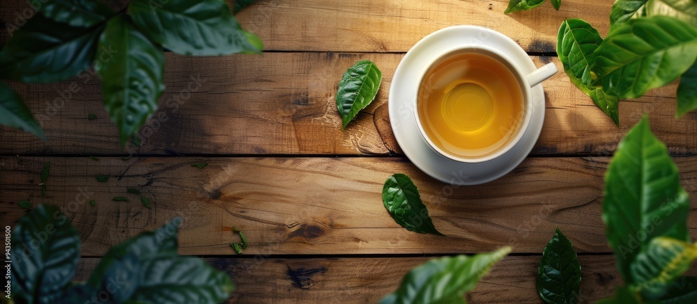 Poster a flat lay composition featuring a cup of invigorating green tea surrounded by leaves atop a wooden 