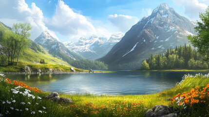 Fototapeta premium A beautiful mountain landscape with a lake in the foreground