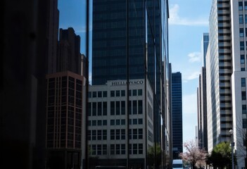 Fototapeta premium Looking Up modern high-rise office buildings with blue sky in the background, ai