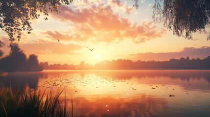 Fototapeta premium A beautiful sunset over a lake with birds flying in the sky