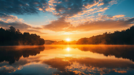 Obraz premium A beautiful sunset over a lake with a reflection of the sun on the water