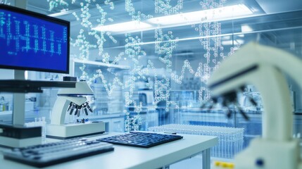 Naklejka premium Close-up of a laboratory microscope beside a digital DNA strand, representing cutting-edge research in genetics and biotechnology..