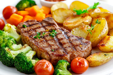 Grilled Steak with Vegetables on White Plate