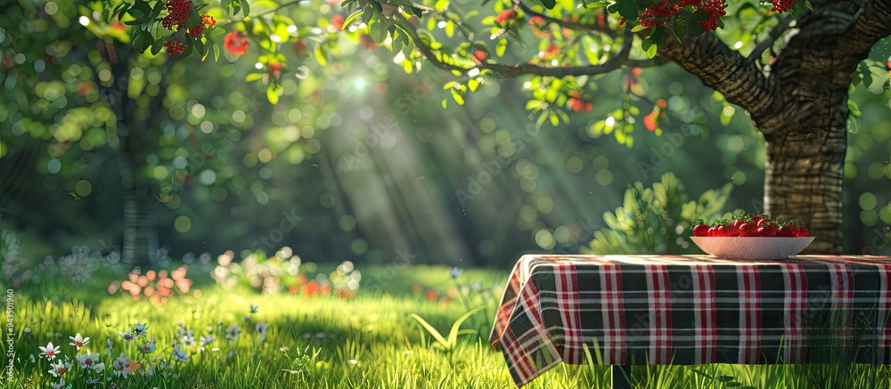 Aufkleber Outdoor picnic scene set with a checkered tablecloth on a table beneath the shade of tree branches provides a serene backdrop ideal for any copy space image