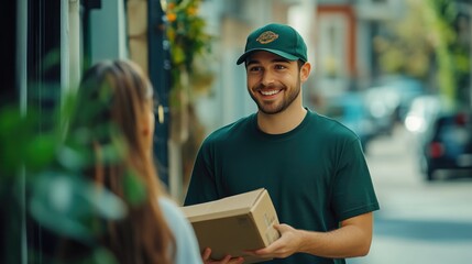 Happy Customer Takes Package from Delivery Service